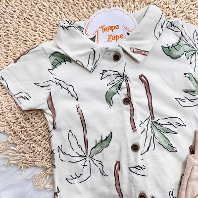 Conj. Camisa com Botões Coqueiros e Bermuda - Creme e Verde